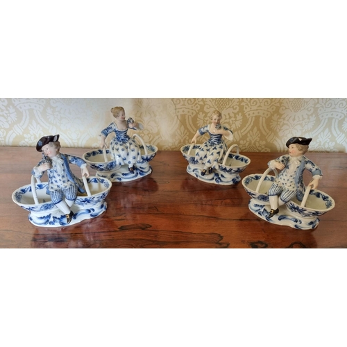 155 - A set of four Meissen style Dishes depicting seated lovers. W 14 x 6 x H 11 cm approx.