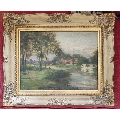 192 - An Oil on Board of a river scene with barge and houses in the distance. Bears signature D O'Brien LR... 