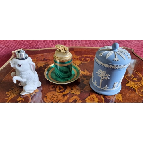 211 - A very unusual novelty Table Lighter along with a Christian Dior table lighter and a Wedgwood Jasper... 