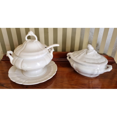 234 - Two white ground Soup Tureens with lids along with meat platter and two other plates.