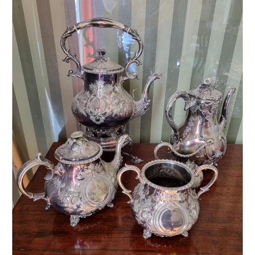 256 - A 19th Century Silver Plated Tea Service with highly embossed outline. Coffee Pot H 26cm approx.