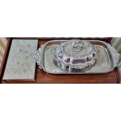 264 - A good Silver Plated rectangular Tray along with a heavy 19th century silver serving dish and a wine... 