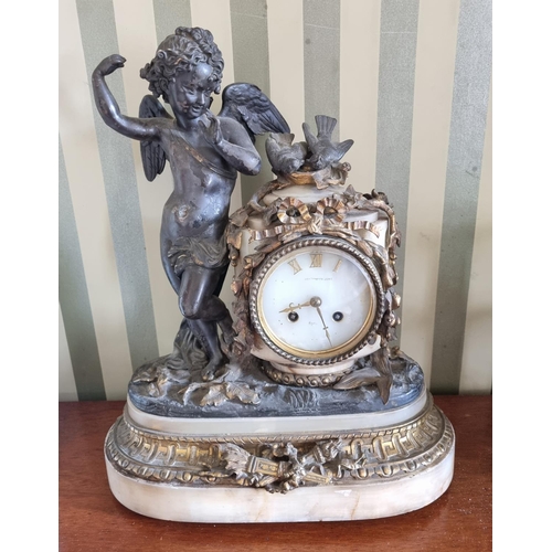 282 - A good 19th Century Bronze and Ormolu French Clock on a marble base depicting a cherub standing besi... 