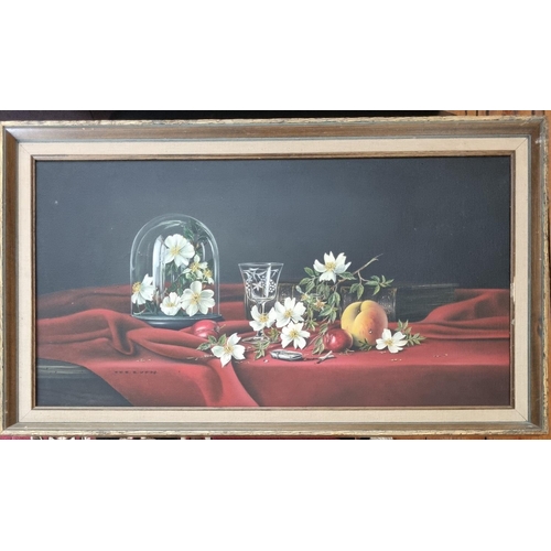 344 - A 20th Century Oil on Canvas still life of fruit and flowers on a table setting. By Ted Dyre signed ... 