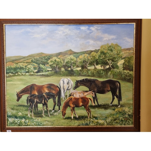 352 - A large Oil on Canvas of a group of Mares and Foals to include Imaginary out of Dancing Brave. by M ... 