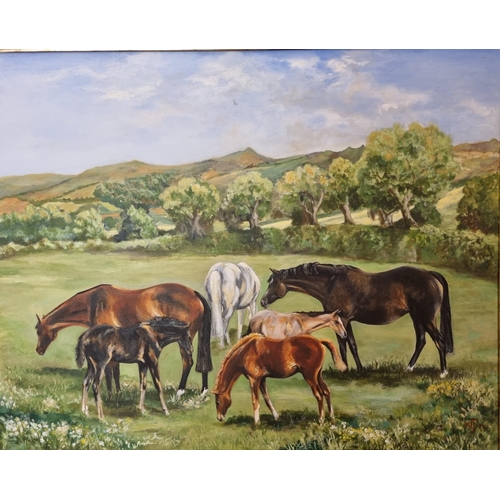 352 - A large Oil on Canvas of a group of Mares and Foals to include Imaginary out of Dancing Brave. by M ... 