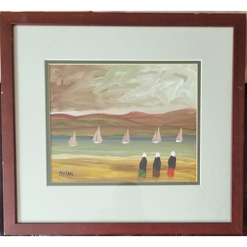 364 - An Oil on Board of Sailing Ships beside an estuary with women looking on. Signed Dylan LL. 20 x 25 c... 