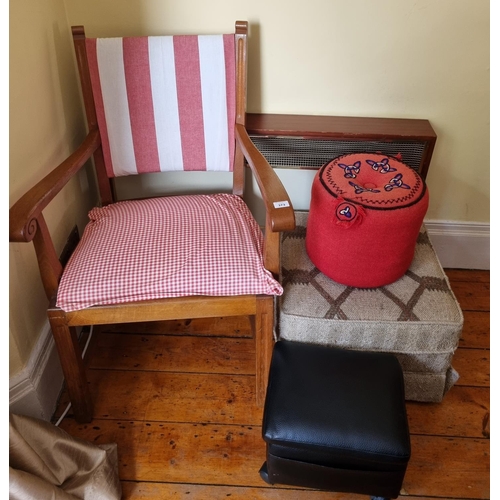 373 - A modern Oak Armchair along with a pouffe and a stool.  W 65 x SH 45 x BH 92 cm approx.