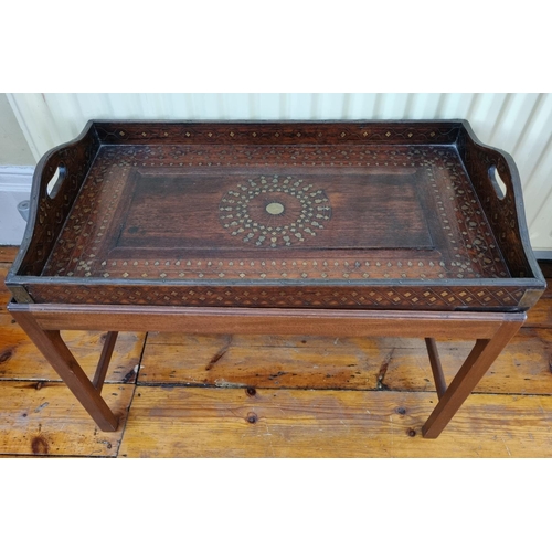 388 - A Butlers Tray on Stand profusely inlaid with brass inlay.  61 x 35 x H 40 cm approx.