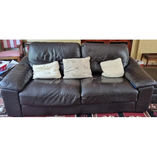 392 - A pair of brown leather two seater Sofas along with a leather pouffe. W 207 x D 90 x SH 47 x BH 93, ... 