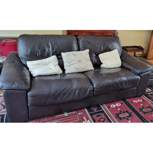 392 - A pair of brown leather two seater Sofas along with a leather pouffe. W 207 x D 90 x SH 47 x BH 93, ... 