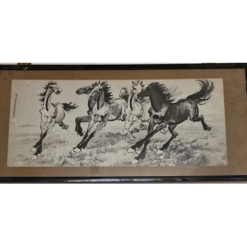 572 - An Oriental Painting on Silk of Racehorses in full flight 53 x 115cm approx., along with a coloured ... 