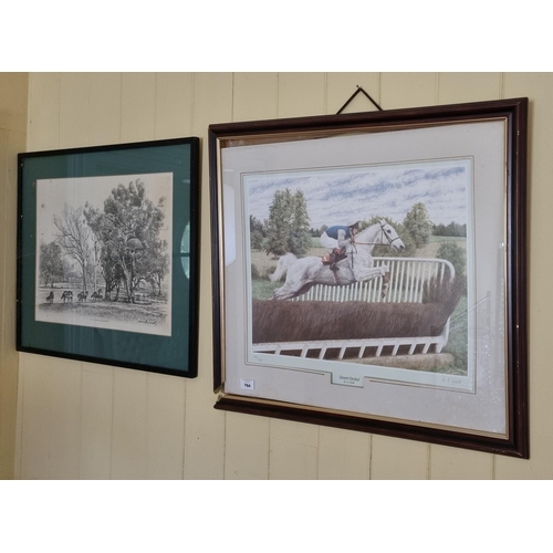 764 - A limited edition coloured Print of Desert Orchid by A J Gadd, signed in pencil in the margin along ... 