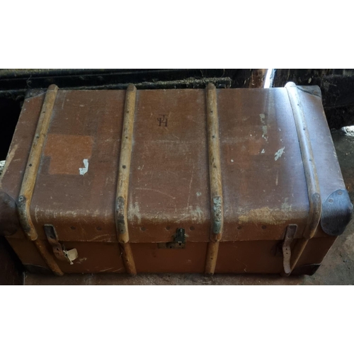 926 - A large Vintage Leather Trunk with timber strapping. 90 x 53 x H 32 cm approx.