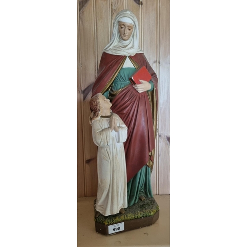 590 - A plaster figure of The Virgin Mary and Jesus with stamp verso 51cm high approx.