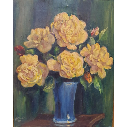 145 - A 20th Century Oil on Canvas still life of roses in a vase. Indistinctly signed LL and dated 1953. 5... 