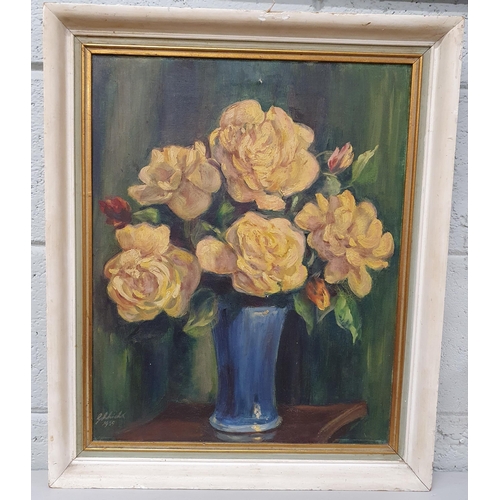 145 - A 20th Century Oil on Canvas still life of roses in a vase. Indistinctly signed LL and dated 1953. 5... 