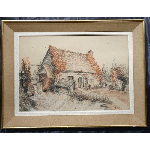 146 - A 20th Century Pencil and crayon of an old mill. Indistinctly monogrammed LR. 37 x 54 cm approx.