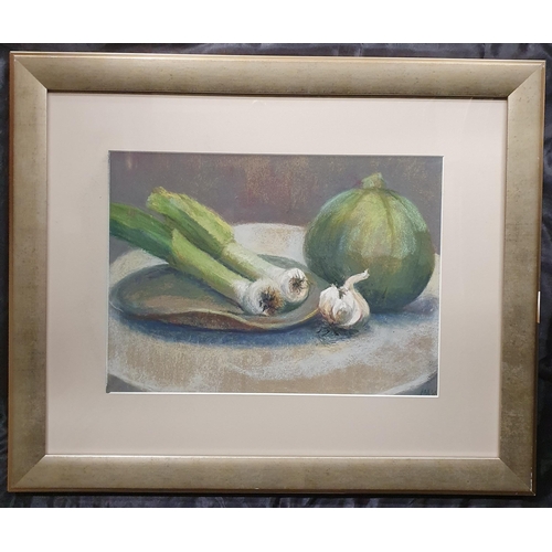 150 - A 20th Century Pastel of vegetables on a table setting. Indistinctly monogrammed LR. 47 x 57 cm appr... 