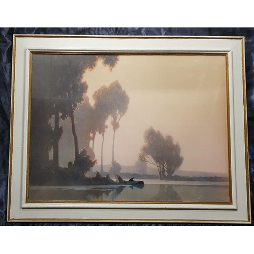 183 - A large coloured Print of a scene at Dusk with people in a boat. 70 x 90 cm approx.