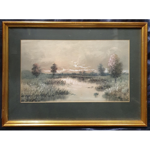 197 - A 20th Century Watercolour of a boggy lake scene, indistinctly signed LL. 24 x 41 cm approx.