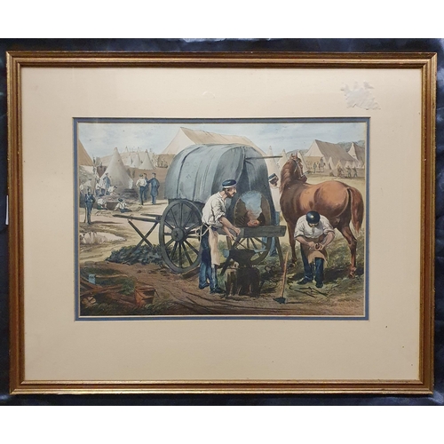 202 - A 19th Century hand coloured Engraving of a military scene with farriers at work. 40 x 50 cm approx.