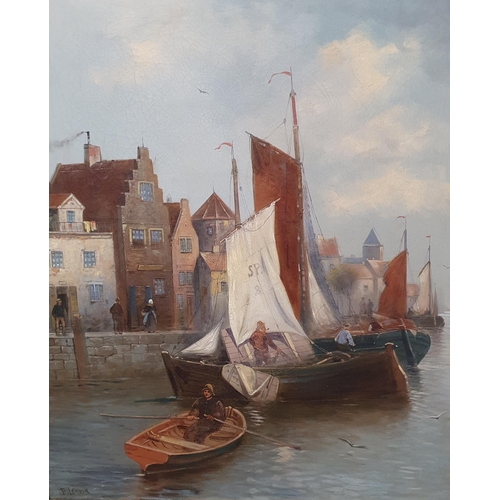 474 - A 19th Century Oil on Canvas of a Dutch scene with boats. Signed F Lenoir in a fantastic gilt frame.... 