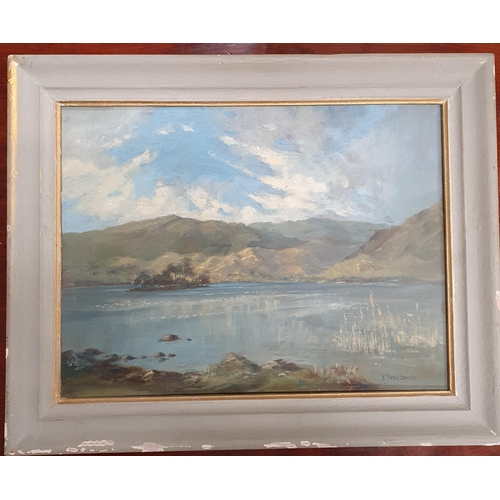 577 - Edith Rees-Davies. A 20th Century Oil on Board of a lake scene with rushes to the fore. Signed LR. H... 