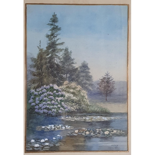 587 - An early 20th Century Watercolour of a lily pond. Signed H S Scott and dated 1911. In a gilt frame. ... 