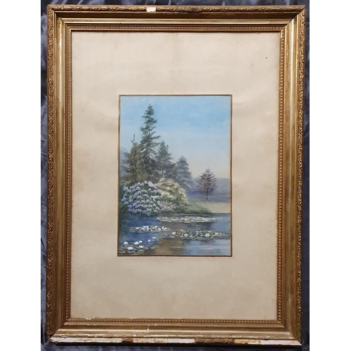 587 - An early 20th Century Watercolour of a lily pond. Signed H S Scott and dated 1911. In a gilt frame. ... 