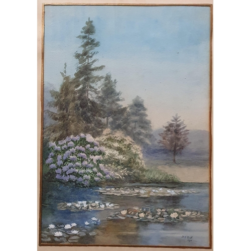 587 - An early 20th Century Watercolour of a lily pond. Signed H S Scott and dated 1911. In a gilt frame. ... 