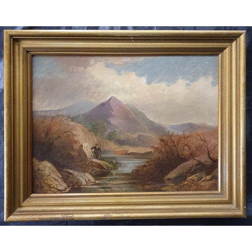 589 - 19th Century Scottish School. An Oil On Canvas of a highland river landscape with a man fishing at t... 