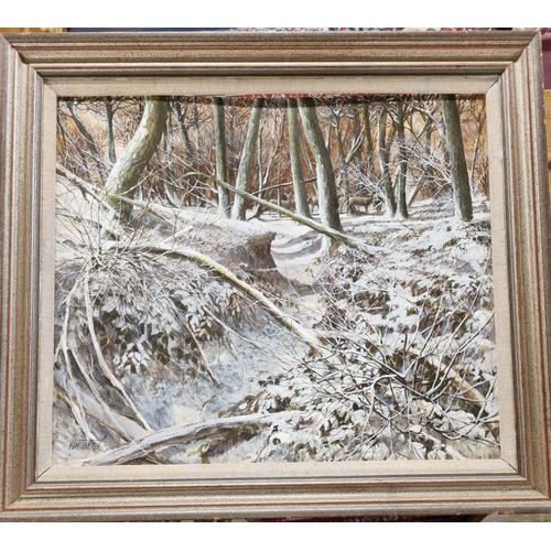 1047 - Ken Winter. An Oil on Board of Deer in a snowy woodland. Signed LL. H 38 x 44 cm approx.