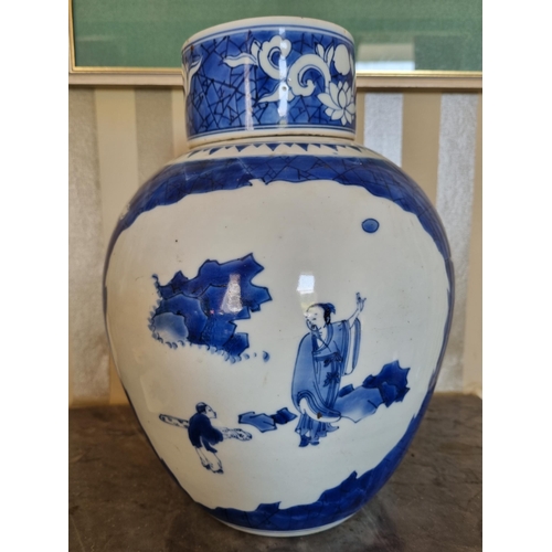 273 - A really good pair of early Oriental Ginger Jars with lids, on blue and ivory ground depicting a vas... 
