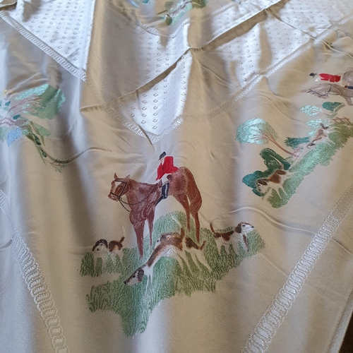 184 - A Large table cloth of Equestrian interest with 7 matching napkins .  L 210 x 180 cm approx.