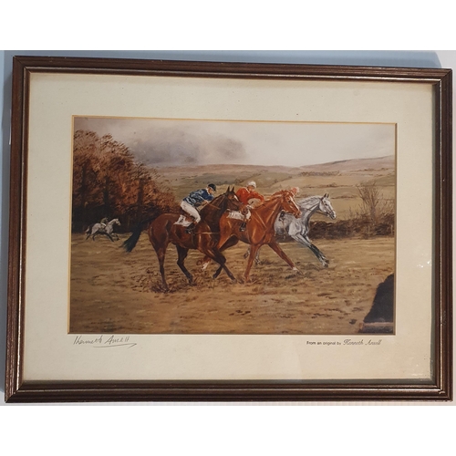874 - After Kenneth Ansell. A good coloured Print of horses in full flight. 29 x 37 cm approx.