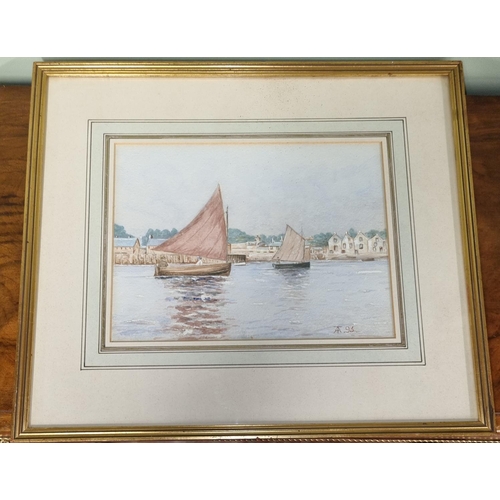 875 - 20th Century Watercolour of sailing boats in an estuary, monogramed AT lower right.
H 23 x 28 cm app... 