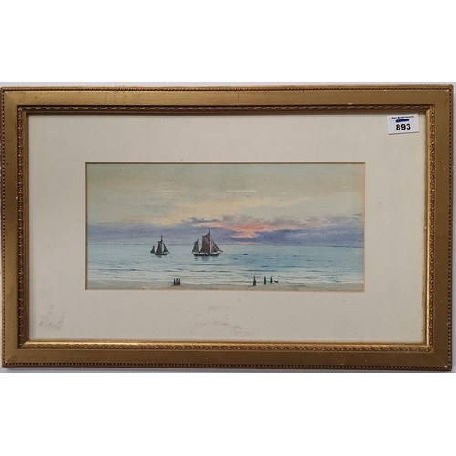 893 - A 20th Century Watercolour Twilight, by O Tankerville of people walking by the sea with ships in ful... 