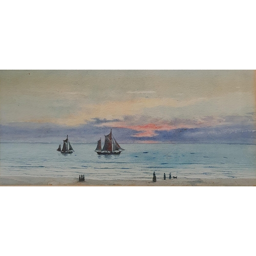 893 - A 20th Century Watercolour Twilight, by O Tankerville of people walking by the sea with ships in ful... 