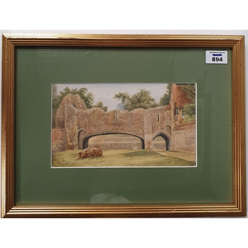 894 - An early 20th Century Watercolour of a Castle ruin, monogramed E S lower left. 14 x 23 cm approx.