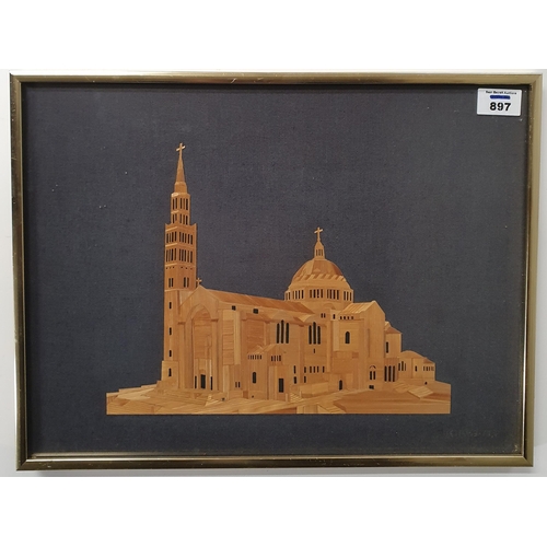 897 - A framed Wood Inlay of a Church .