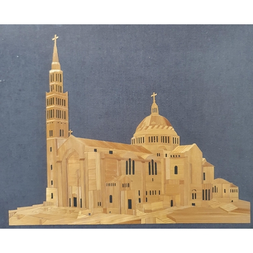 897 - A framed Wood Inlay of a Church .