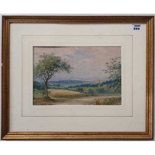 899 - A Watercolour of a road scene with an industrial town in the distance. 17 x 25 cm approx.
 signed A.... 