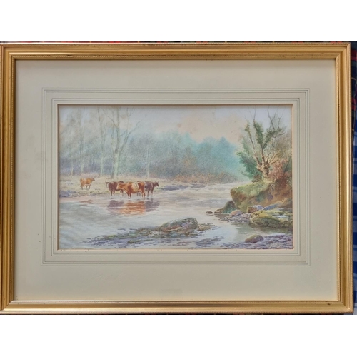 29 - A good pair of late 19th early 20th Century Watercolours of cattle beside a river and a lake by S Li... 