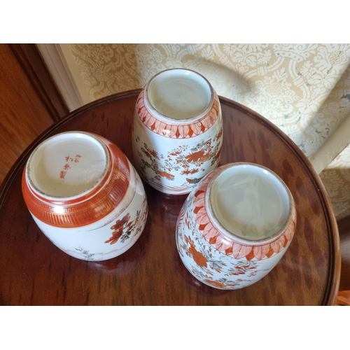 378 - A good set of three cream ground Oriental Vases with hand painted floral decoration and birds of par... 