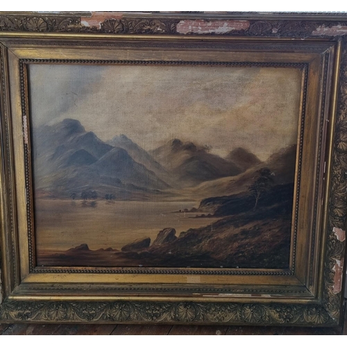 393 - A large Oil on Canvas of a mountainous landscape. No apparent signature. In a distressed frame.
60 x... 