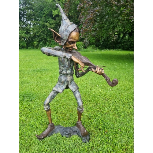 493 - A unusual Bronze figure of a Jester playing a Fiddle. H 101 x 54 W cm approx.