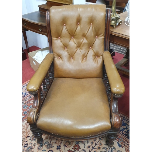 362 - A really good pair of 19th Century Mahogany Armchairs with deep buttoned backs on carved turned fron... 