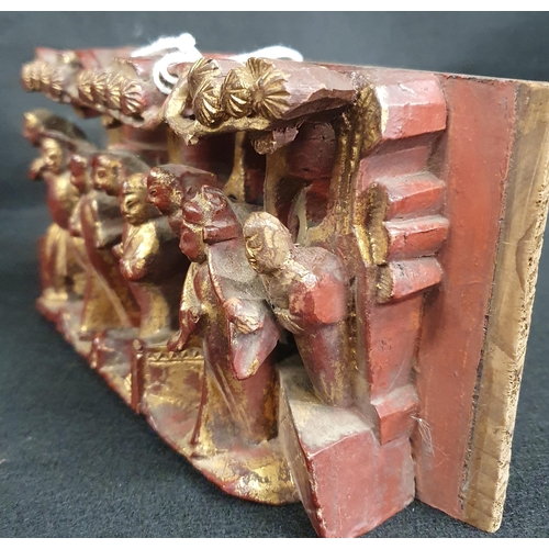 466 - A good set of four carved Chinese red laquered and parcel gilt wall Panels each with a group of stan... 