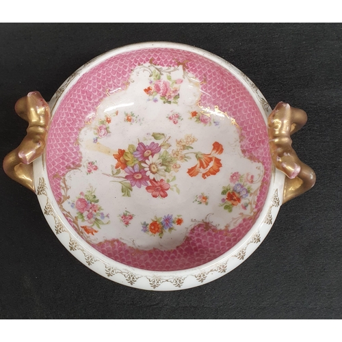 61 - A Sitzendorf Porcelain Oil Lamp Base with basket moulded reservoir encrusted with flowers and suppor... 